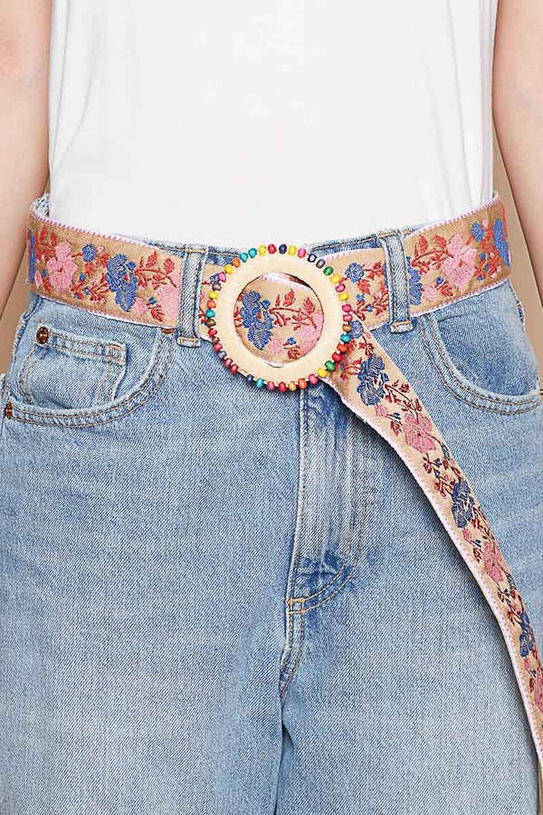 Floral Print Belt with Multi-Colored Beads