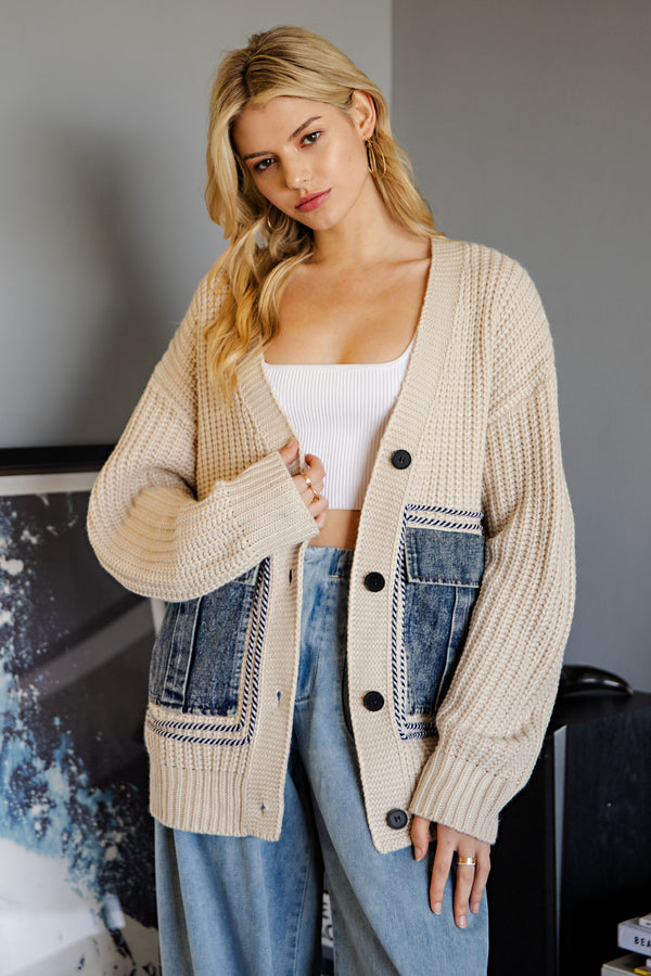 Knit Cardigan with Denim Pockets