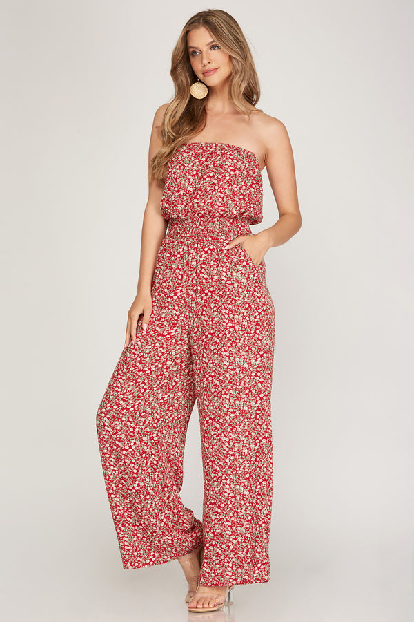 Strapless Flower Print Jumpsuit