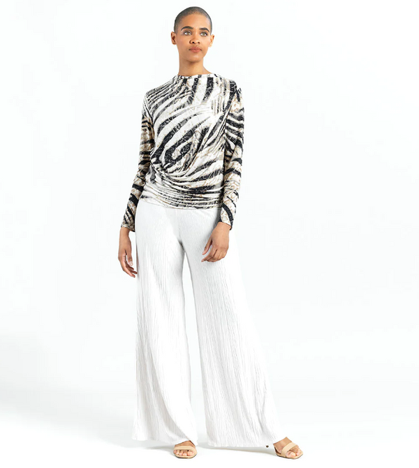 High Boat Neck Side Draped Top - Striped Zebra