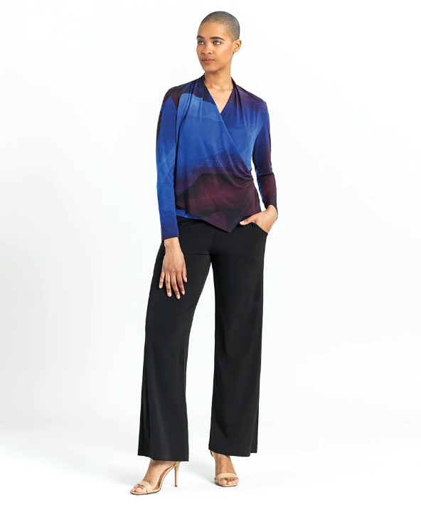 Long Sleeve Crossover Faux Wrap Top - Purple Watercolor