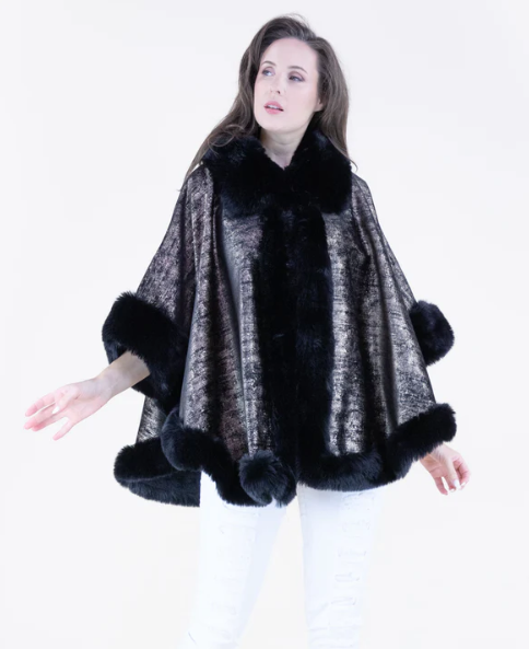 Fur Trim Suede Cape